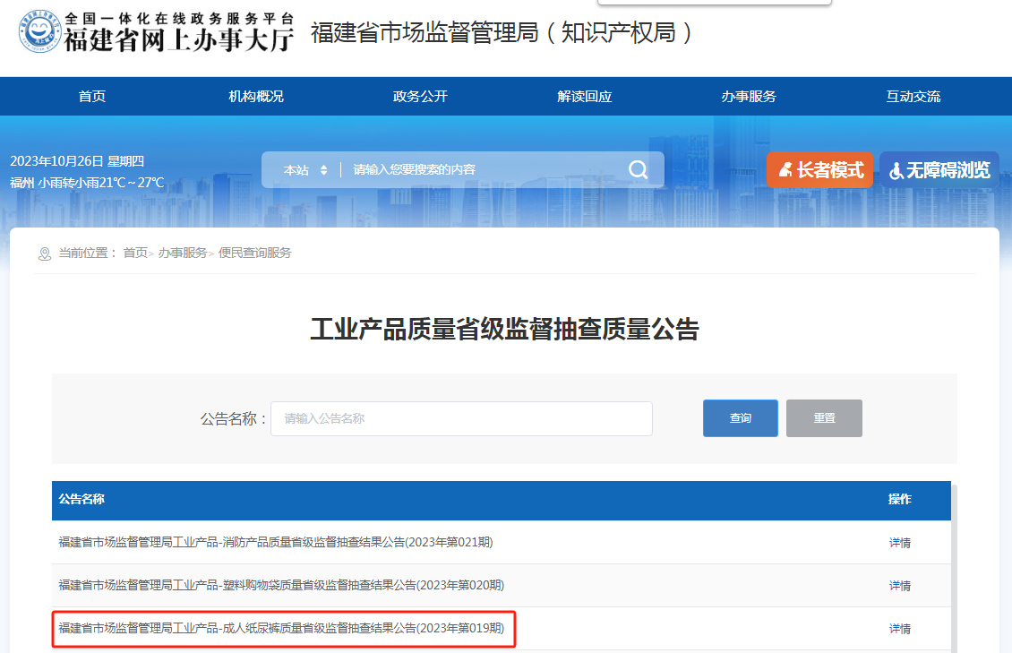 康复护理展福建省市场监督管理局工业产品-成人纸尿裤质量省级监督抽查结果